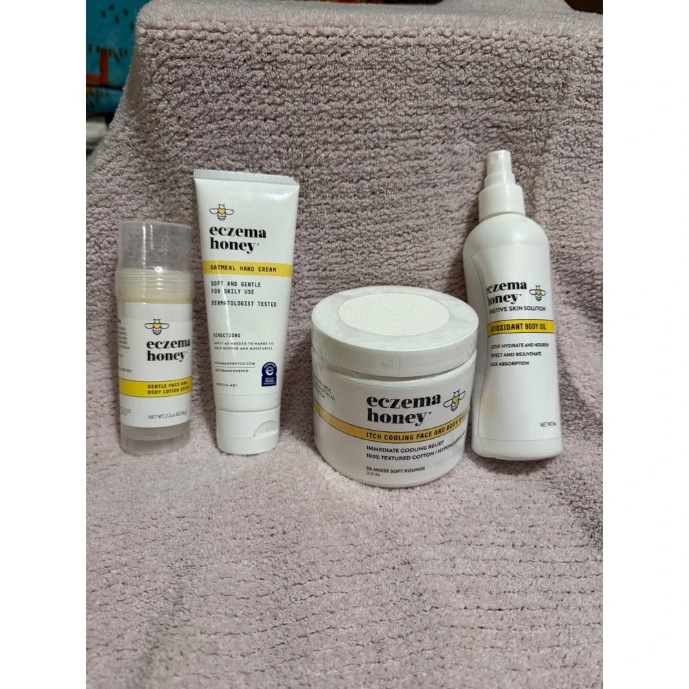 Eczema Honey Skin Care Set Hand Cream Body Oil Lotion Stick Cooling Rounds 4pc